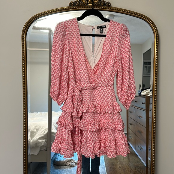 Aqua pink floral dress with ruffles and waist tie. - Picture 2 of 3